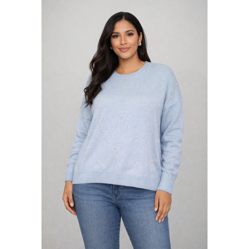 Sam and Jess‎ Pearl Embellished Crewneck Sweater Light Blue Fuzzy Knit Pullover
